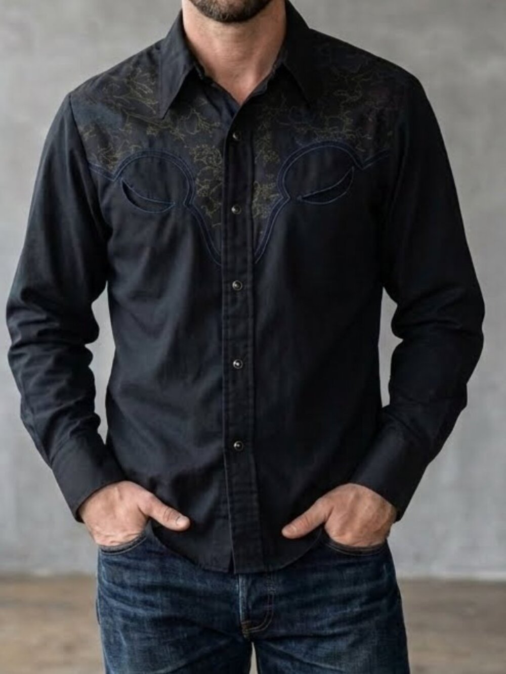 Vintage Dee Cee Western Cowboy Pearl Snap Shirt Black Floral Embroidered Men's M